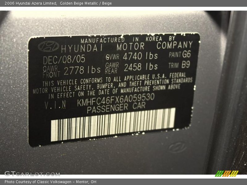 Golden Beige Metallic / Beige 2006 Hyundai Azera Limited
