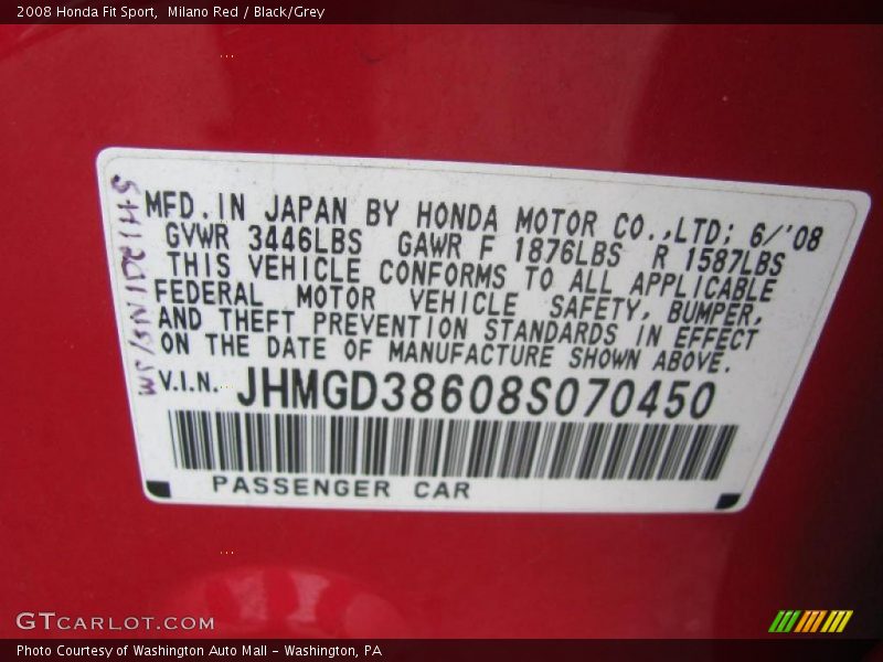 Milano Red / Black/Grey 2008 Honda Fit Sport