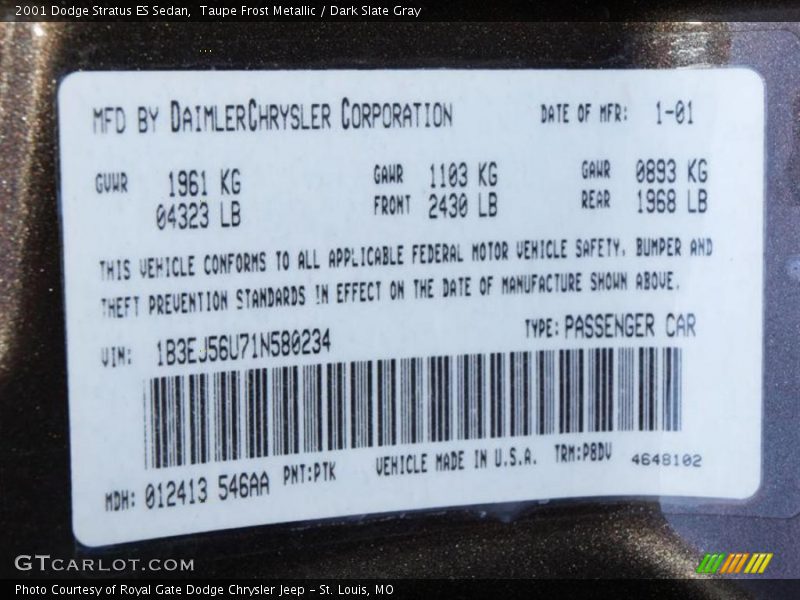 Taupe Frost Metallic / Dark Slate Gray 2001 Dodge Stratus ES Sedan