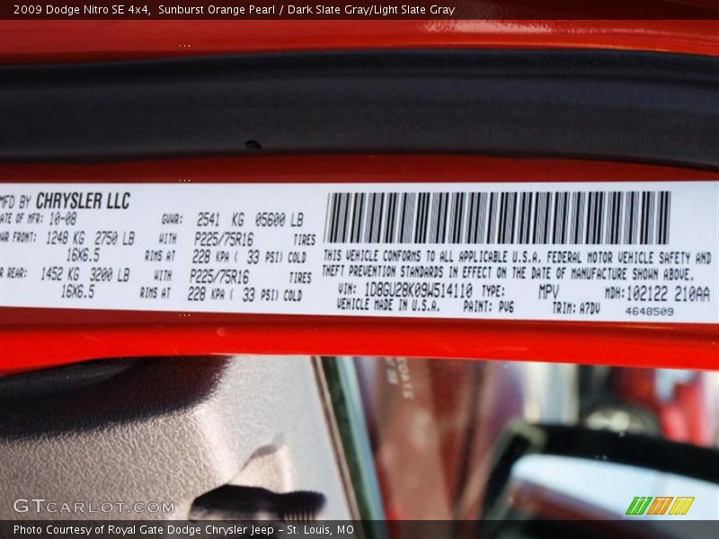 Sunburst Orange Pearl / Dark Slate Gray/Light Slate Gray 2009 Dodge Nitro SE 4x4