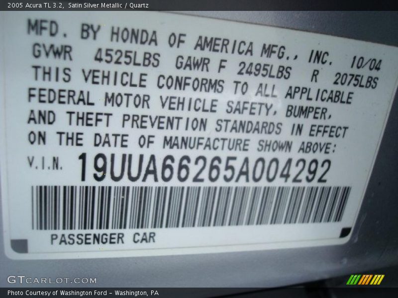 Satin Silver Metallic / Quartz 2005 Acura TL 3.2