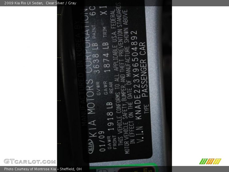 Clear Silver / Gray 2009 Kia Rio LX Sedan