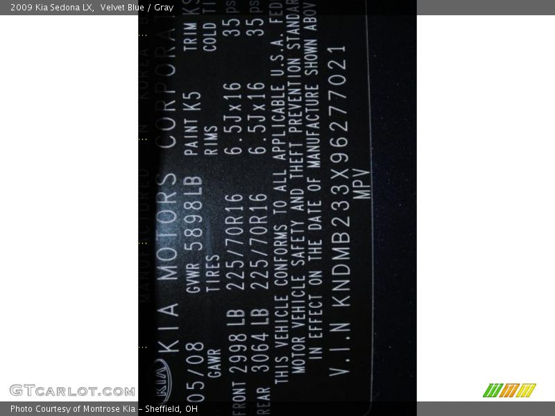 Velvet Blue / Gray 2009 Kia Sedona LX