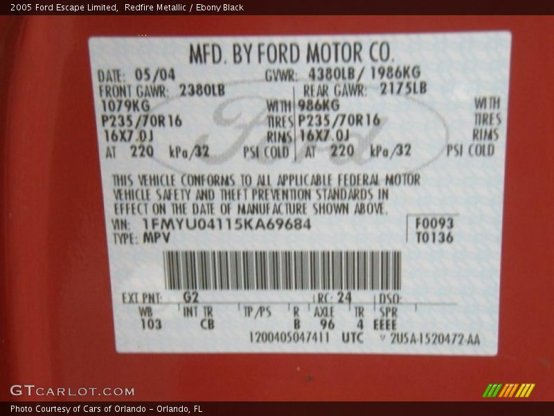 Redfire Metallic / Ebony Black 2005 Ford Escape Limited
