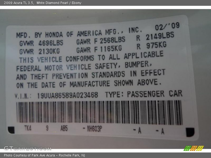 White Diamond Pearl / Ebony 2009 Acura TL 3.5