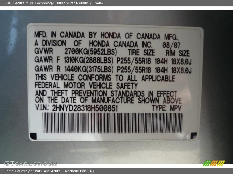 Billet Silver Metallic / Ebony 2008 Acura MDX Technology