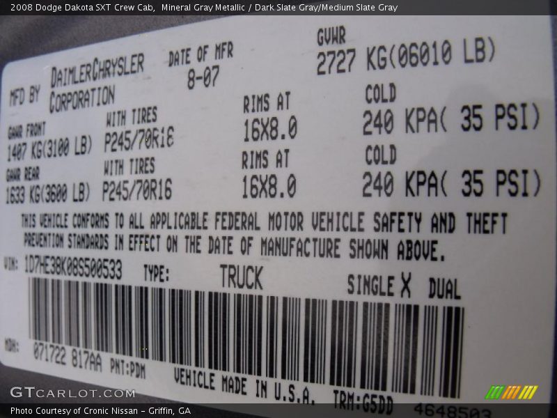 Mineral Gray Metallic / Dark Slate Gray/Medium Slate Gray 2008 Dodge Dakota SXT Crew Cab