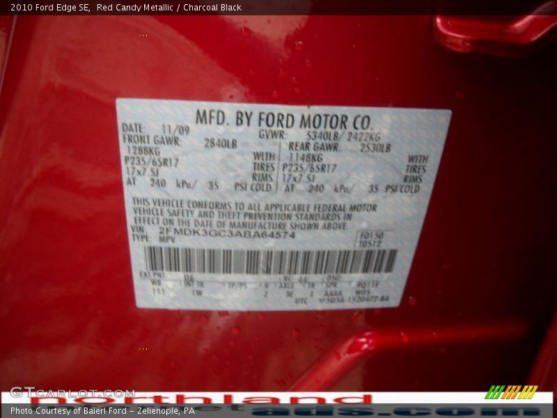 Red Candy Metallic / Charcoal Black 2010 Ford Edge SE