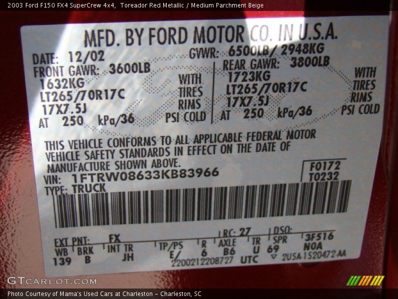 Toreador Red Metallic / Medium Parchment Beige 2003 Ford F150 FX4 SuperCrew 4x4