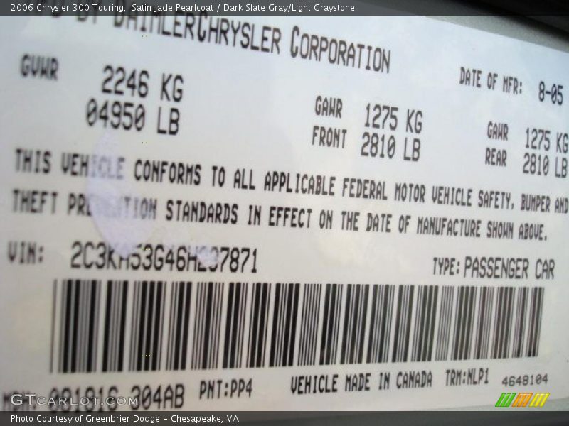 Satin Jade Pearlcoat / Dark Slate Gray/Light Graystone 2006 Chrysler 300 Touring
