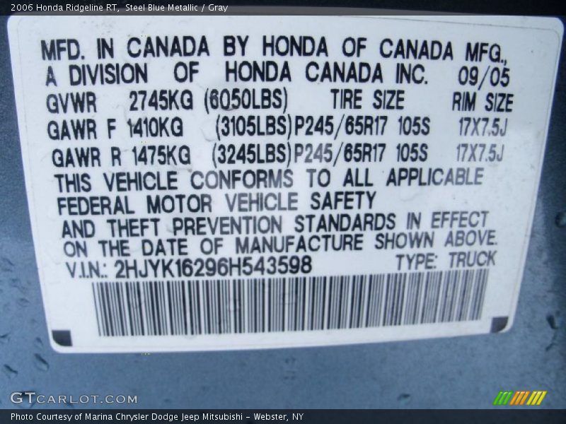 Steel Blue Metallic / Gray 2006 Honda Ridgeline RT