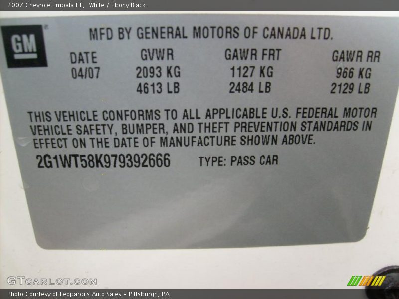 White / Ebony Black 2007 Chevrolet Impala LT