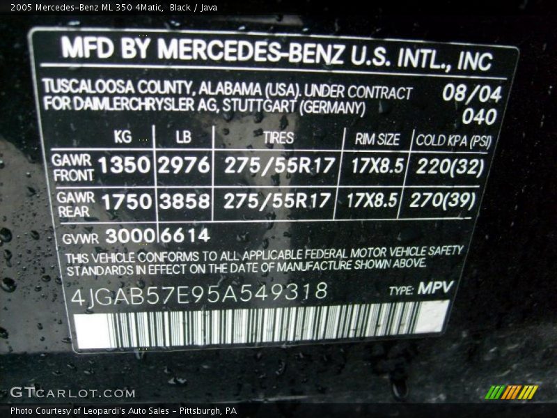 Black / Java 2005 Mercedes-Benz ML 350 4Matic