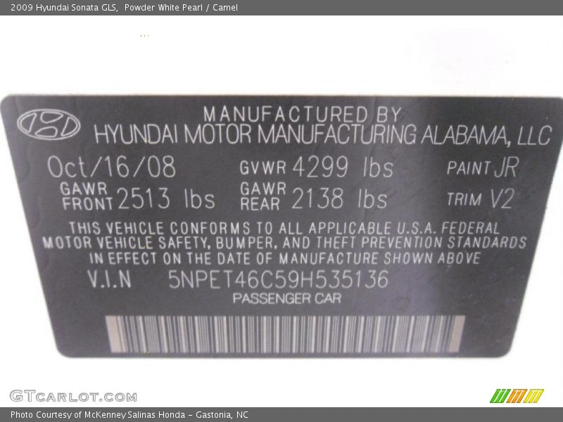 Powder White Pearl / Camel 2009 Hyundai Sonata GLS