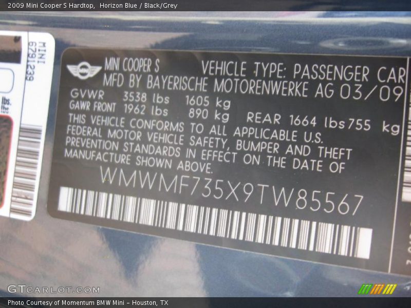 Horizon Blue / Black/Grey 2009 Mini Cooper S Hardtop
