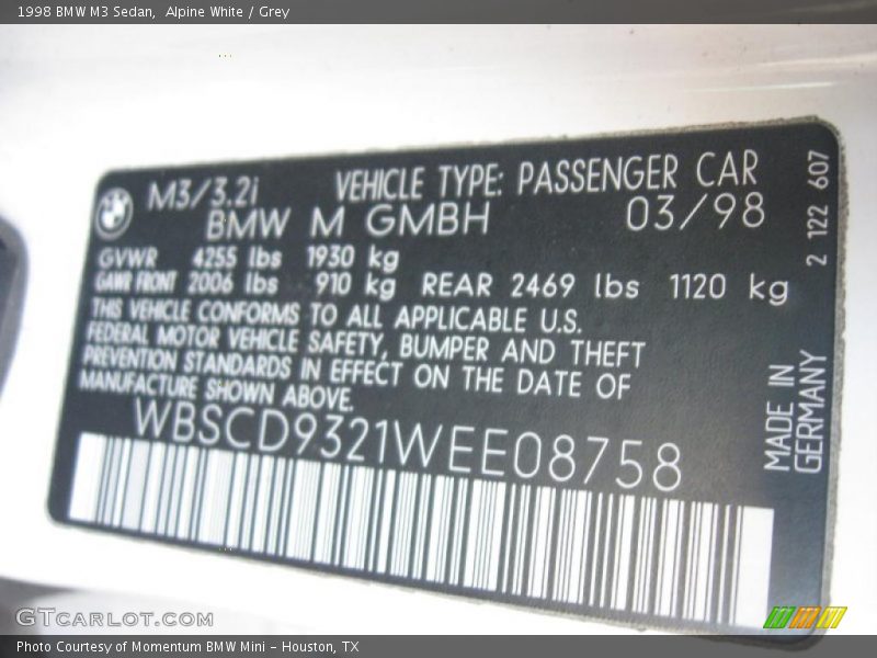 Alpine White / Grey 1998 BMW M3 Sedan