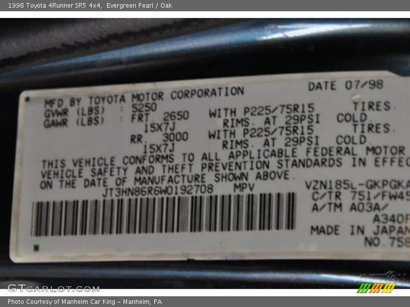 Evergreen Pearl / Oak 1998 Toyota 4Runner SR5 4x4