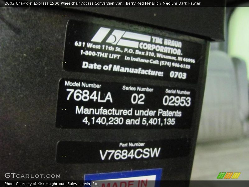 Berry Red Metallic / Medium Dark Pewter 2003 Chevrolet Express 1500 Wheelchair Access Conversion Van