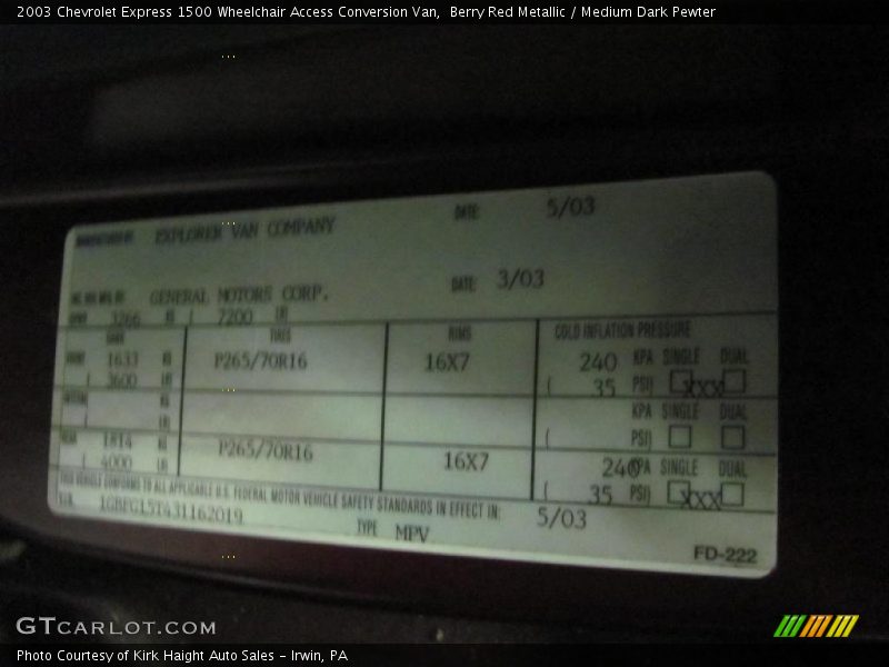 Berry Red Metallic / Medium Dark Pewter 2003 Chevrolet Express 1500 Wheelchair Access Conversion Van