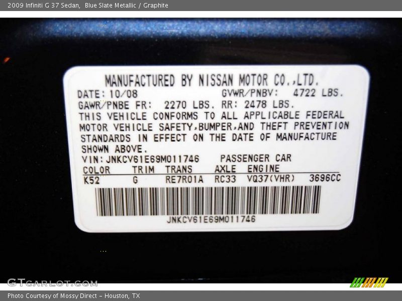 Blue Slate Metallic / Graphite 2009 Infiniti G 37 Sedan
