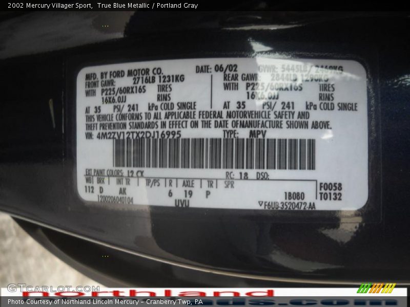 True Blue Metallic / Portland Gray 2002 Mercury Villager Sport