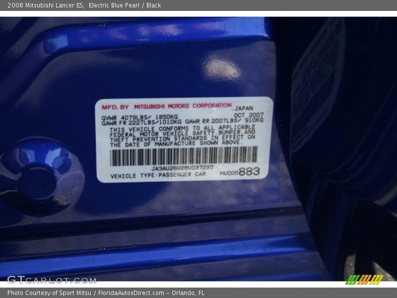 Electric Blue Pearl / Black 2008 Mitsubishi Lancer ES