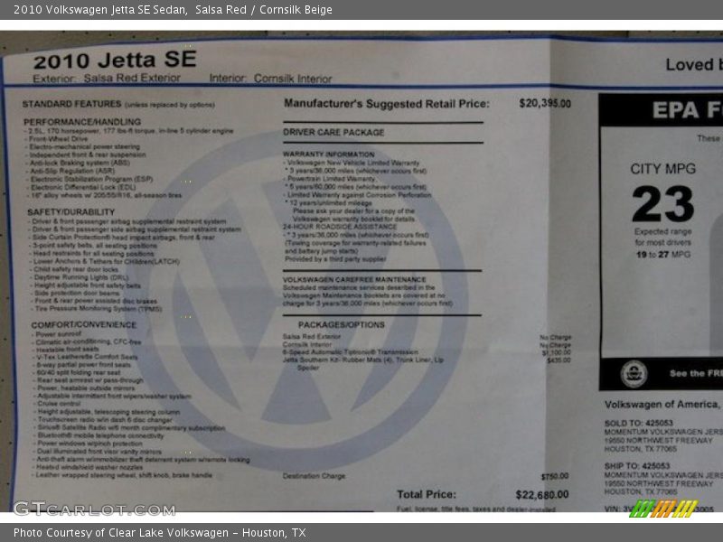 Salsa Red / Cornsilk Beige 2010 Volkswagen Jetta SE Sedan