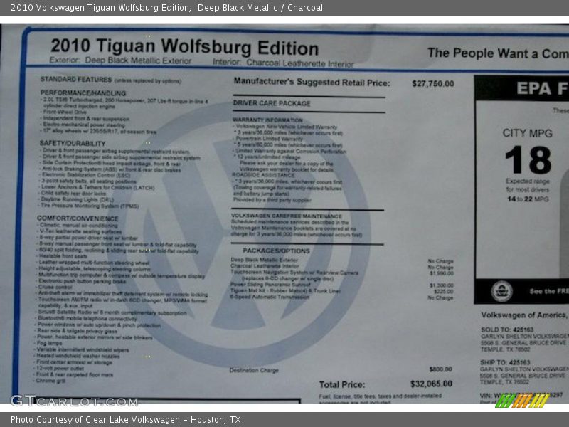 Deep Black Metallic / Charcoal 2010 Volkswagen Tiguan Wolfsburg Edition