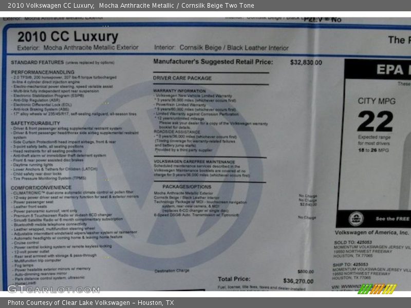 Mocha Anthracite Metallic / Cornsilk Beige Two Tone 2010 Volkswagen CC Luxury