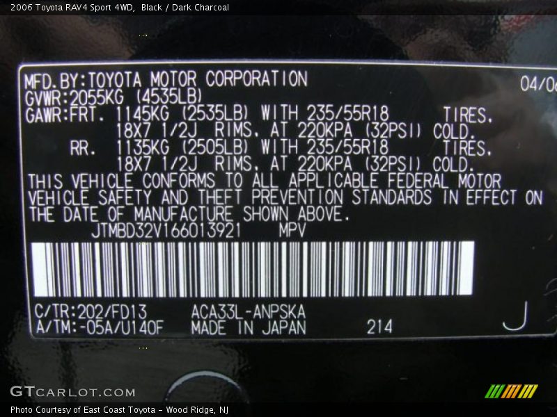 Black / Dark Charcoal 2006 Toyota RAV4 Sport 4WD