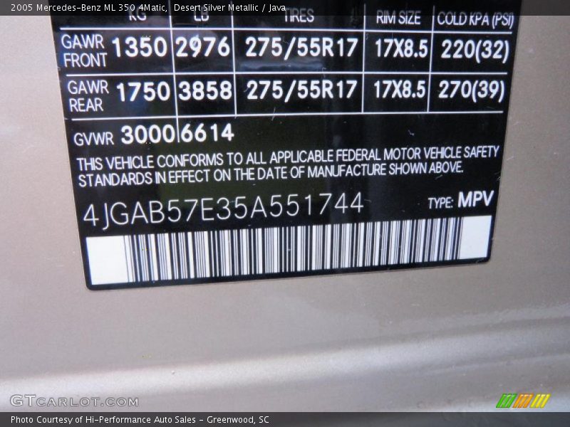 Desert Silver Metallic / Java 2005 Mercedes-Benz ML 350 4Matic