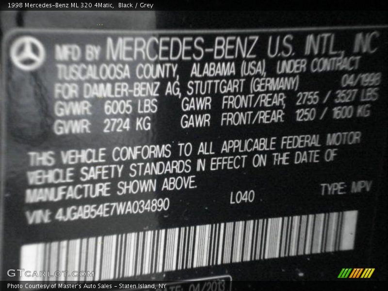 Black / Grey 1998 Mercedes-Benz ML 320 4Matic