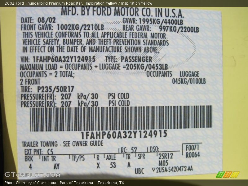 Inspiration Yellow / Inspiration Yellow 2002 Ford Thunderbird Premium Roadster