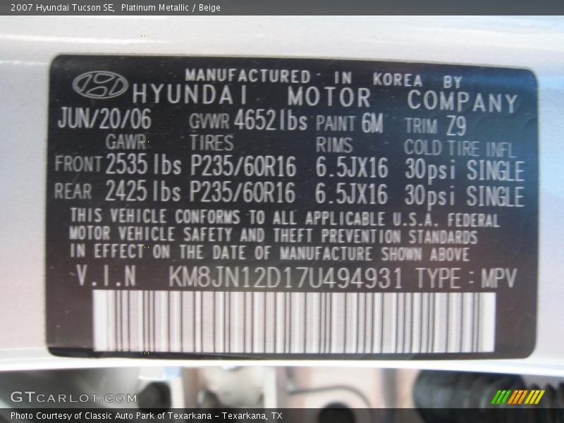 Platinum Metallic / Beige 2007 Hyundai Tucson SE