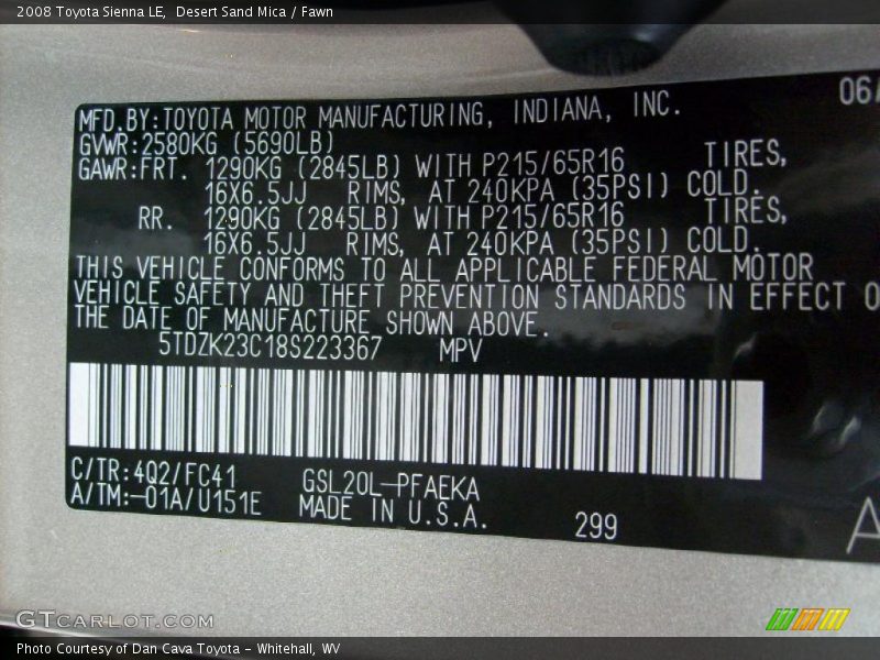 Desert Sand Mica / Fawn 2008 Toyota Sienna LE