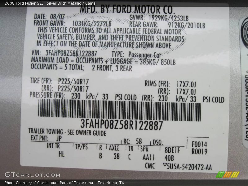 Silver Birch Metallic / Camel 2008 Ford Fusion SEL