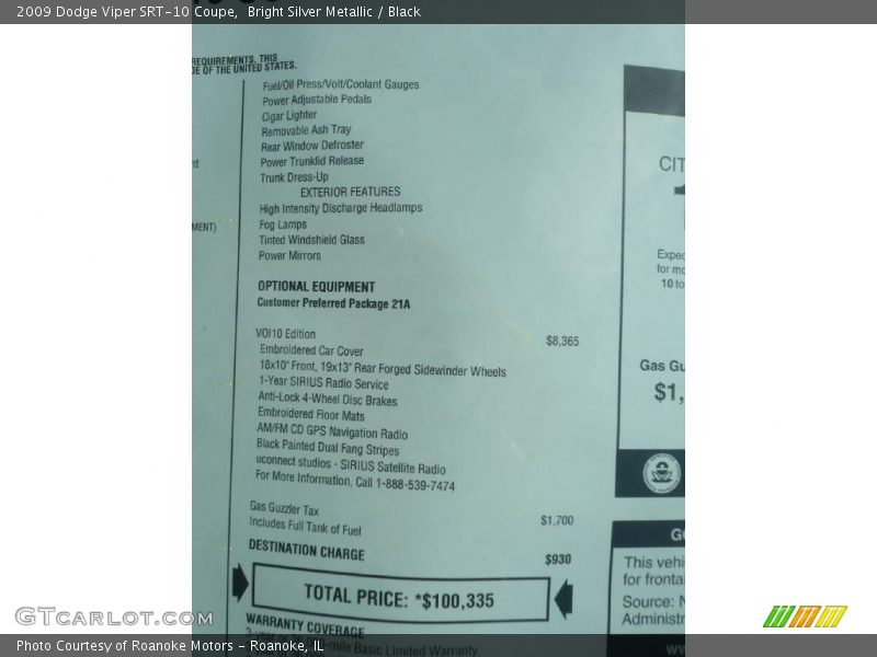  2009 Viper SRT-10 Coupe Window Sticker