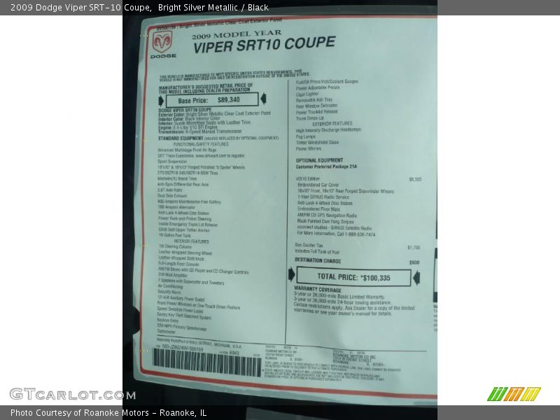  2009 Viper SRT-10 Coupe Window Sticker