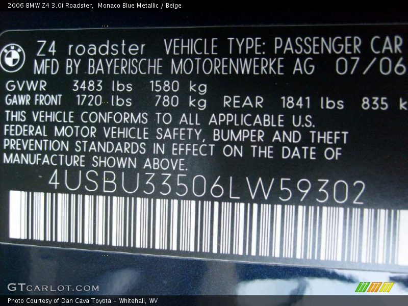 Monaco Blue Metallic / Beige 2006 BMW Z4 3.0i Roadster