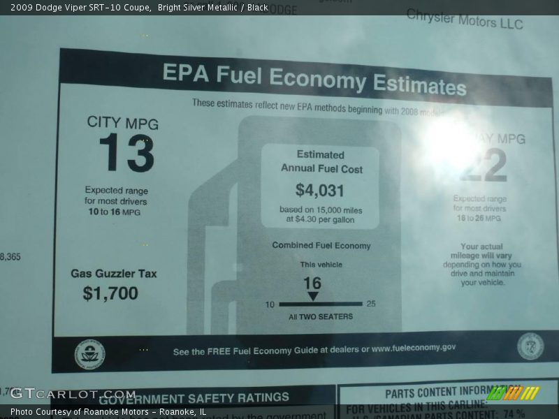  2009 Viper SRT-10 Coupe Window Sticker