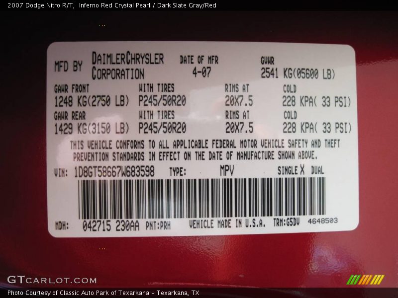 Inferno Red Crystal Pearl / Dark Slate Gray/Red 2007 Dodge Nitro R/T