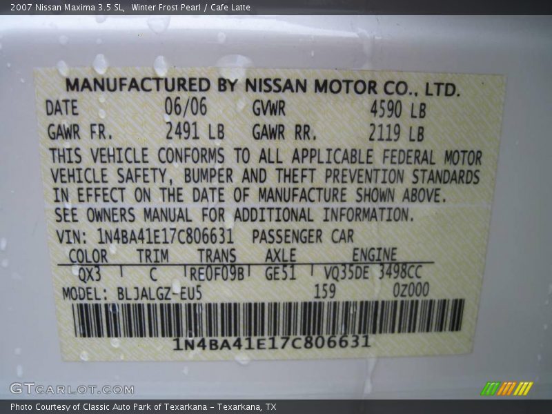 Winter Frost Pearl / Cafe Latte 2007 Nissan Maxima 3.5 SL