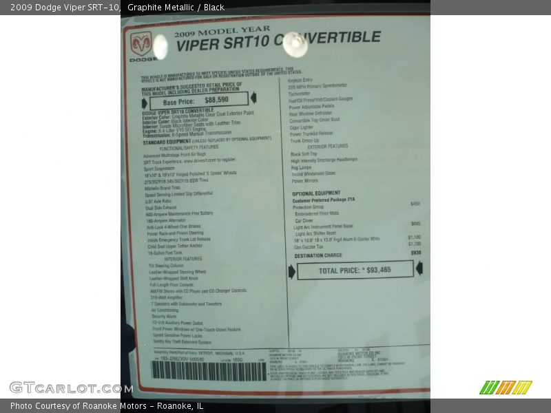  2009 Viper SRT-10 Window Sticker