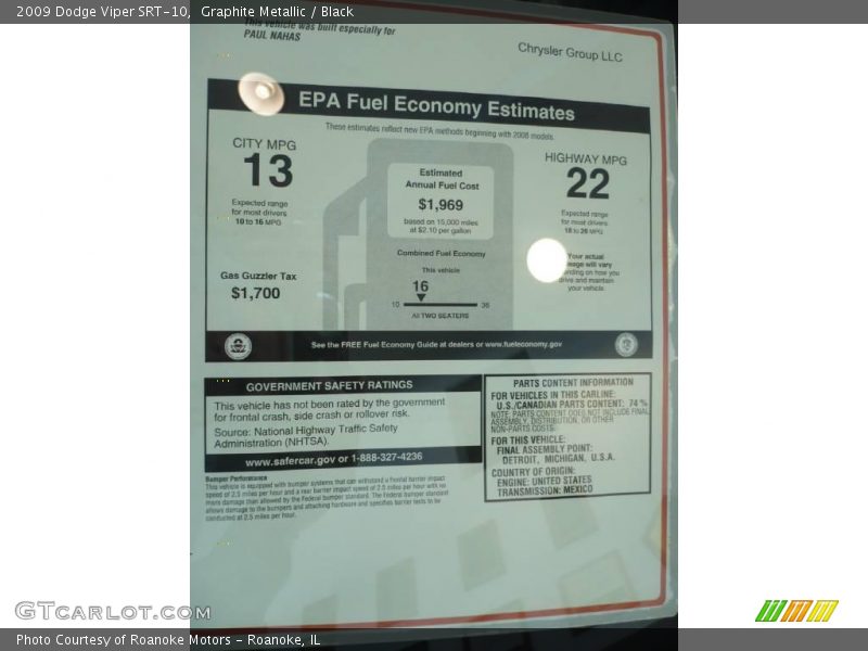  2009 Viper SRT-10 Window Sticker