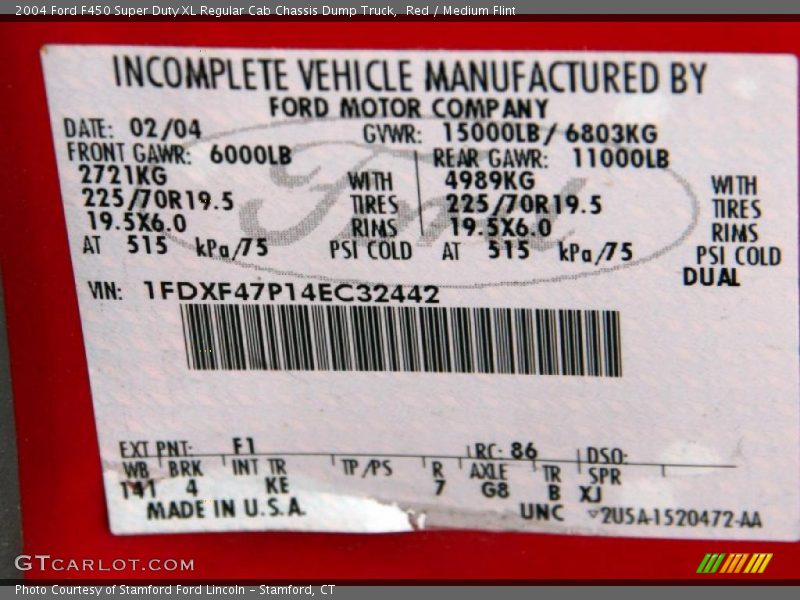 Red / Medium Flint 2004 Ford F450 Super Duty XL Regular Cab Chassis Dump Truck