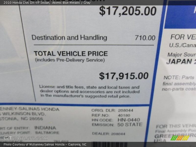 Atomic Blue Metallic / Gray 2010 Honda Civic DX-VP Sedan