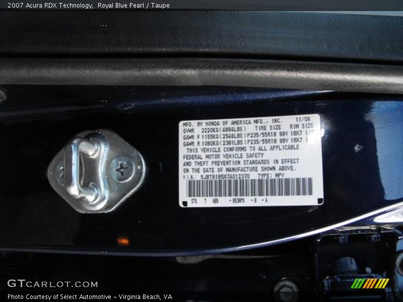 Royal Blue Pearl / Taupe 2007 Acura RDX Technology