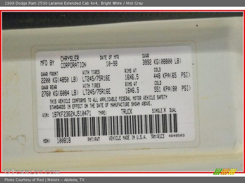 Bright White / Mist Gray 1999 Dodge Ram 2500 Laramie Extended Cab 4x4