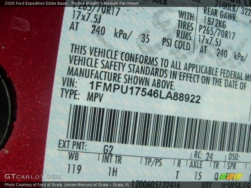 2006 Expedition Eddie Bauer Redfire Metallic Color Code G2