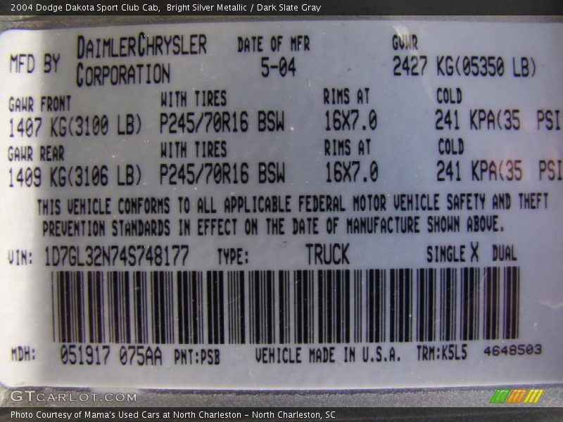 Bright Silver Metallic / Dark Slate Gray 2004 Dodge Dakota Sport Club Cab